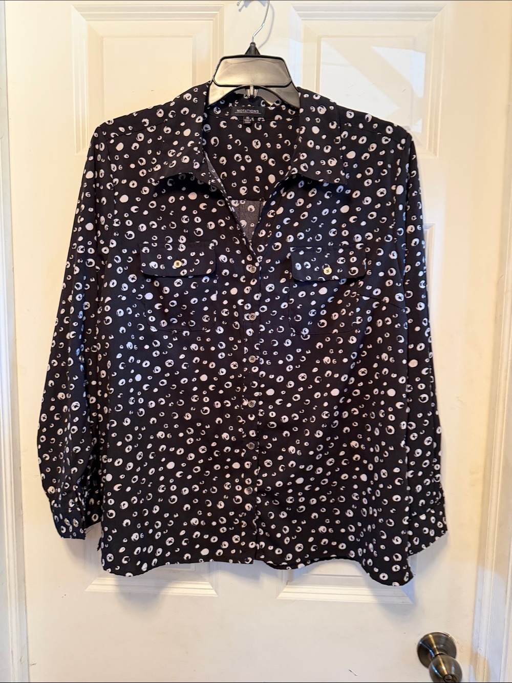 Notations Black Button-Front Blouse with White Spot Print